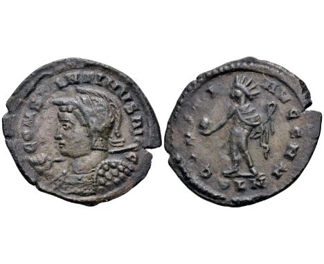 Constantine I BI Nummus. London, circa AD 311-312. CONSTANTINVS A-VG, laureate, helmeted and cuirassed bust left, holding spe