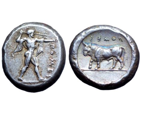 Lucania, Poseidonia AR Stater. Circa 445-420 BC. Poseidon advancing right, wielding trident in upraised right hand and extend