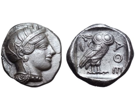 Attica, Athens AR Tetradrachm. Circa 454-404 BC. Head of Athena right, wearing earring, necklace, and crested Attic helmet de