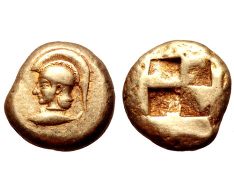 Mysia, Kyzikos EL Stater. Circa 550-450 BC. Head of Athena to left, wearing crested Attic helmet, base of crest decorated wit