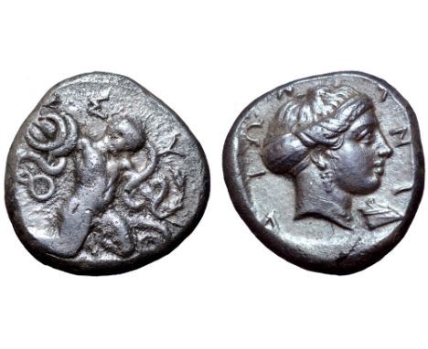 Karia, Knidos AR Tridrachm. Symmachy coinage, circa 405/4 BC. Herakliskos Drakonopnigon: the Infant Herakles, nude, crouching