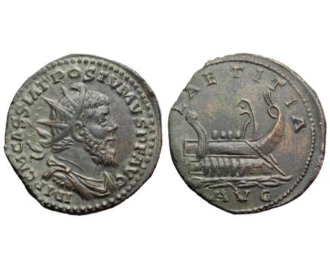 Postumus Ӕ Double Sestertius. Lugdunum, AD 261. IMP C M CASS LAT POSTVMVS P F AVG, radiate,draped and cuirassed bust right / 