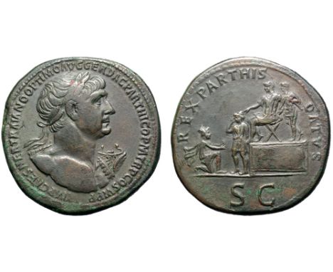 Trajan Æ Sestertius. Rome, AD 116-117. IMP CAES NER TRAIANO OPTIMO AVG GER DAC PARTHICO P M TR P COS VI P P, laureate bust ri