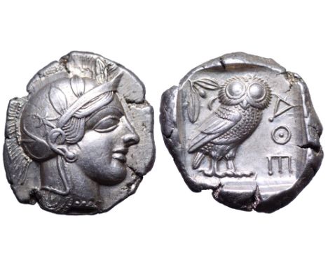 Attica, Athens AR Tetradrachm. Circa 454-404 BC. Head of Athena right, wearing earring, necklace, and crested Attic helmet de