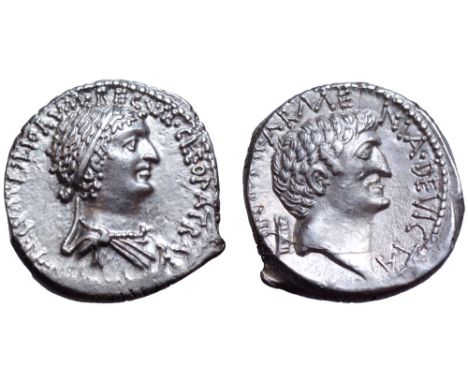 Cleopatra and Marc Antony AR Denarius. Uncertain Eastern mint, autumn 34 BC. CLEOPATRAE•[REGINAE•REGVM]•FILIORVM•REGVM, diade