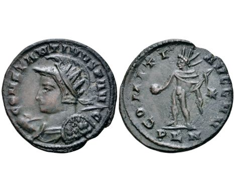 Constantine I BI Nummus. London, circa AD 311-312. CONSTANTINVS P AVG, radiate, helmeted and cuirassed bust left, holding spe