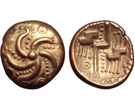 Britannia, the Durotriges AV Quarter Stater. 58 BC - AD 43. Five-armed starfish, lines of pellets between each arm / Zigzag t
