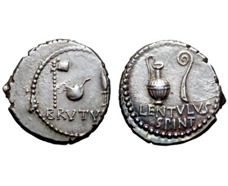 Q. Servilius Caepio (M. Junius) Brutus and P. Cornelius Lentulus Spinther AR Denarius. Smyrna, 43-42 BC. Sacrificial axe, sim