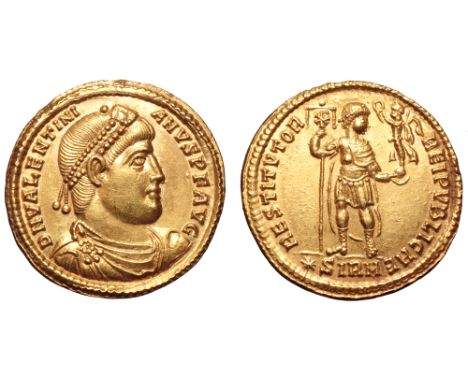 Valentinian I AV Solidus. Sirmium, AD 364. D N VALENTINIANVS P F AVG, pearl-diademed, draped and cuirassed bust right / RESTI