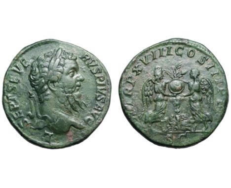 Septimius Severus Æ Sestertius. Rome, AD 210. L SEPT SEVERVS PIVS AVG, laureate head right / P M TR P XVIII COS III P P, two 