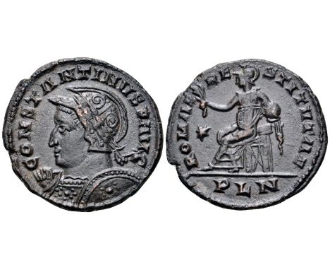 Constantine I BI Nummus. London, circa AD 312-313. CONSTANTINVS P AVG, laureate, helmeted and cuirassed bust left, holding sp