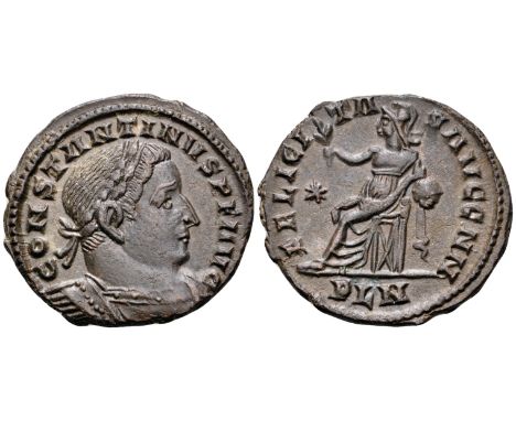 Constantine I BI Nummus. London, circa AD 311-312. CONSTANTINVS P AVG, laureate and cuirassed bust right / FELICITA-S AVGG NN