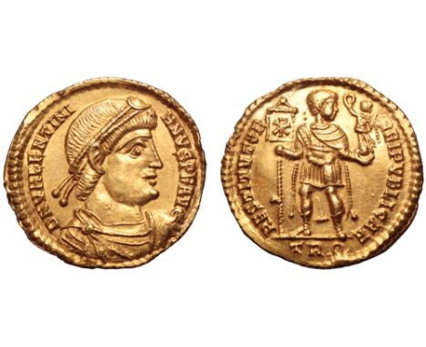 Valentinian I AV Solidus. Treveri, AD 364-367. D N VALENTINIANVS P F AVG, pearl-diademed, draped and cuirassed bust right / R