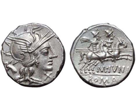 M. Junius AR Denarius. Rome, 145 BC. Head of Roma right, wearing winged helmet; ass's head behind; X below chin / The Dioscur