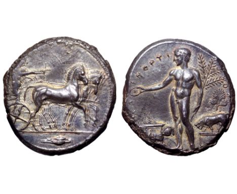 Sicily, Selinos AR Tetradrachm. Circa 455-415 BC. Artemis driving slow quadriga right, holding reins in both hands, Apollo st