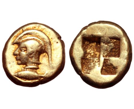 Mysia, Kyzikos EL Hemihekte. Circa 550-500 BC. Head of Athena to left, wearing crested Attic helmet, base of crest decorated 