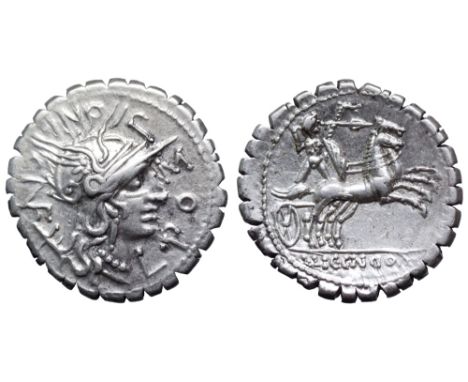 L. Pomponius Cn. f. AR Denarius. Narbo, 112-109 BC. L•POMPONI•CNF, head of Roma right, wearing winged helmet; X behind / Nake