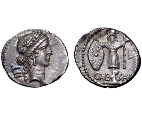 Julius Caesar AR Denarius. Military mint travelling with Caesar, 48-47 BC. Diademed female head right, wearing oak-wreath, cr