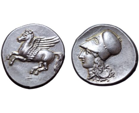 Bruttium, Medma AR Stater. 330-317 BC. Pegasos flying left / Head of Athena left, wearing Corinthian helmet; tiny M below nec