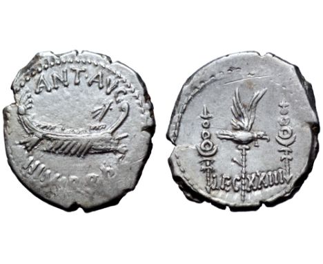 Marc Antony Legionary AR Denarius. Military mint moving with Antony, autumn 32 - spring 31 BC. ANT•AVG III•VIR•R•P•C, praetor