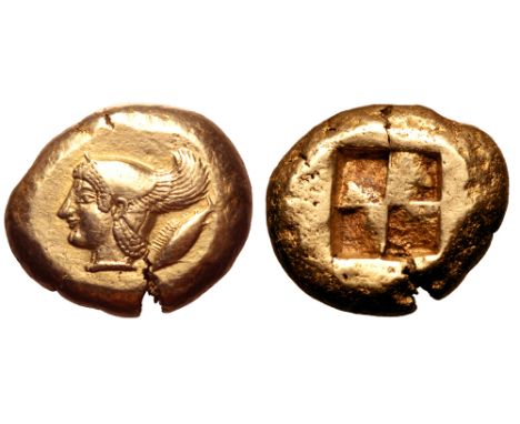 Mysia, Kyzikos EL Stater. Circa 550-500 BC. Head of youthful Perseus to left wearing winged cap; tunny fish downwards behind 