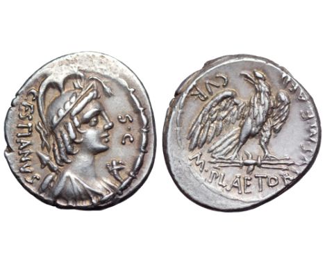 M. Plaetorius M. f. Cestianus AR Denarius. Rome, 67 BC. Bust of 'Vacuna' right, wearing a wreathed and crested helmet, bow an