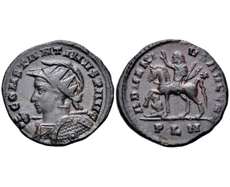 Constantine I BI Nummus. London, circa AD 311-312. CONSTANTINVS P AVG, radiate, helmeted and cuirassed bust left, holding spe