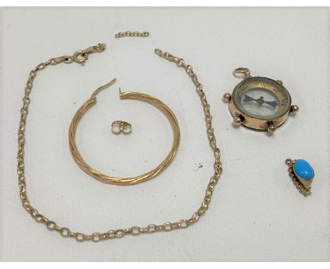 A collection of scrap 9ct gold, together with a 9ct gold mounted compass fob, weight of gold 2.3g approx.