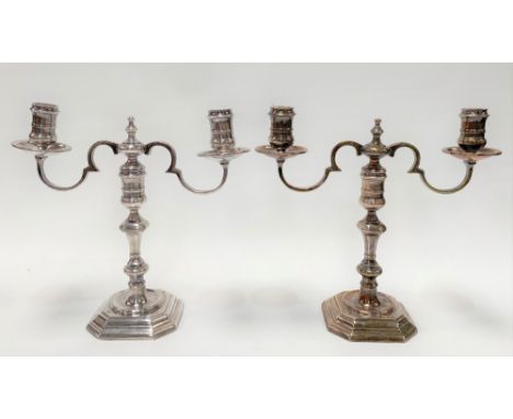 A good pair of modern silver twin branch Queen Anne style candelabra by Deakin &amp; Francis on square canted stepped weighte