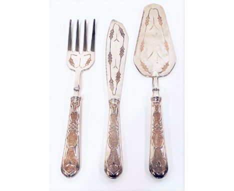 A silver weighted handled fish serving set comprising fork, slice and server, the handles embossed 800.
