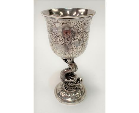 A 19th Century Chinese export silver goblet by Leeching, the bowl foliate garland engraved and chased and on a Buddhistic fis