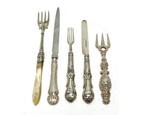 A Victorian silver fruit knife and fork with weighted handles, Sheffield 1870; together with a Victorian pickle fork, Birming