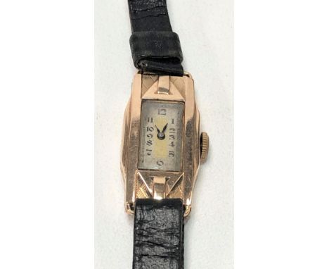 A 9ct gold ladies Art Deco manual wind wristwatch with seventeen jewel movement and on leather strap