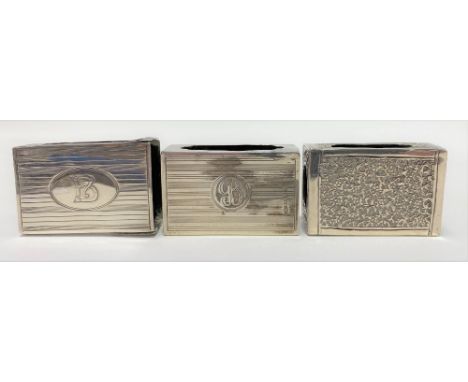 Two silver engine turned matchbox cases (one AF); together with an Indian white metal embossed matchbox case, weight 2.75oz a