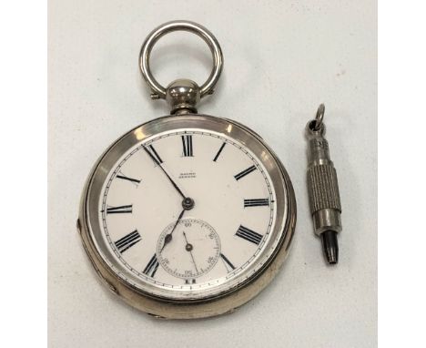 A silver cased pocket watch by Baume Geneve, the 37mm white enamel dial with black Roman Numerals and subsidiary seconds dial