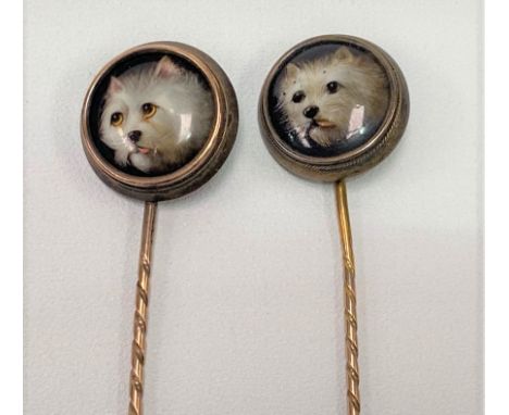 A good pair of Victorian rose gold and enamel tie pins by William Essex and William Bishop-Ford, the circular head inset with