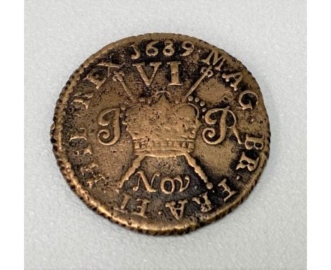 James II gun metal sixpence coin, 1689