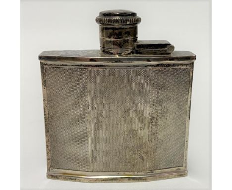 A George V silver engine turned hip flask with screw lid, maker W &amp; BS, Birmingham 1928, height 7.5cm, weight 2.40oz appr