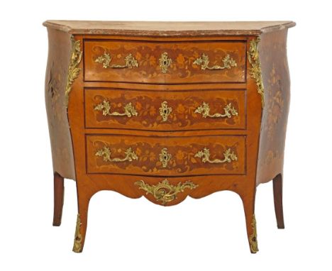 Marquetry inlaid walnut bombe front commode having a marble top and fitted three drawers, standing on cast brass mounted spla