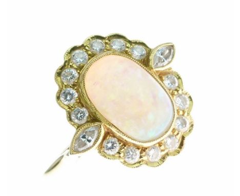 Opal and diamond 18ct gold cluster ring, the opal cabochon 11mm long, enclosed by fourteen brilliant cuts and a marquise cut 