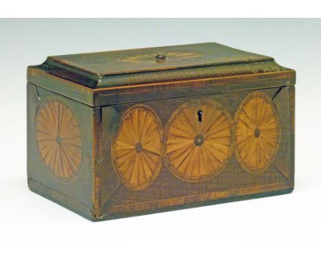 George III inlaid and crossbanded mahogany sarcophagus shaped tea caddy, 23cm wide  Condition: Knop to centre of cover is mis