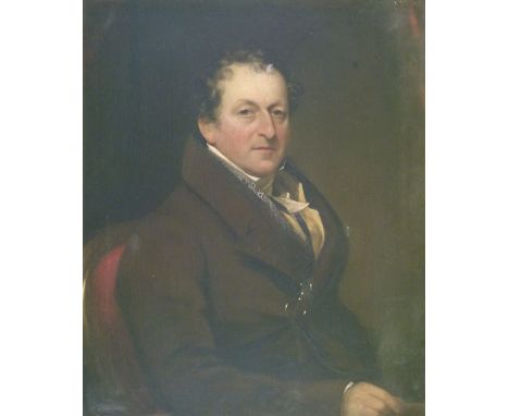 Early 19th Century English School - Oil on canvas - Half length portrait of a gentleman wearing a brown jacket and high colla