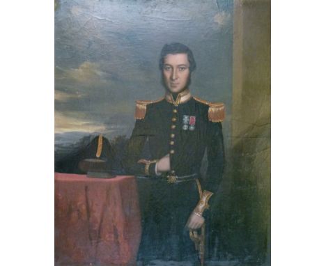 19th Century Anglo-Chinese School - Oil on board - Three quarter length portrait of a British Naval Officer, wearing dress un