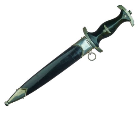 Third Reich Model 1933 SS dagger, polished double edged blade with etched motto 'Meine Ehre heist Treue', reverse of blade wi