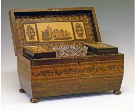 19th Century Tunbridge Ware and rosewood tea caddy, typically decorated with a band of foliage, the hinged cover with a parqu