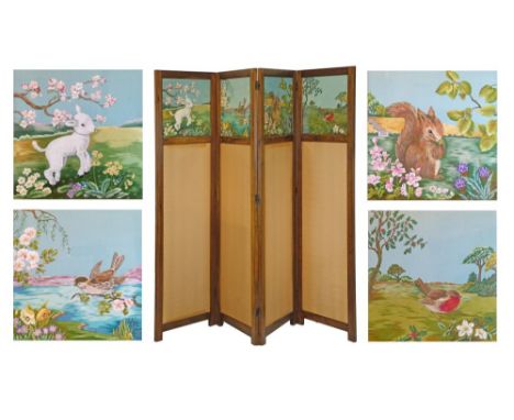 Mid 20th Century mahogany stained beech framed four fold screen, each fitted with a finely embroidered panel representative o