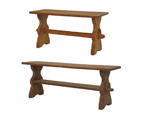 Tom 'Gnome Man' Whittaker of Littlebeck - Oak bench standing on baluster shaped end supports united by a platform, 122cm long