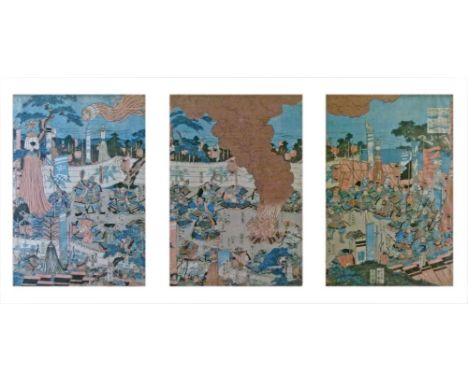 Japanese woodblock triptych - A large group of Samurai gathered around a camp fire, each panel measures 36.5cm x 24cm  Condit