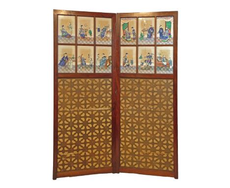 Mahogany framed two fold screen inset with twelve 19th Century Chinese rice paper paintings, each showing an interior scene w