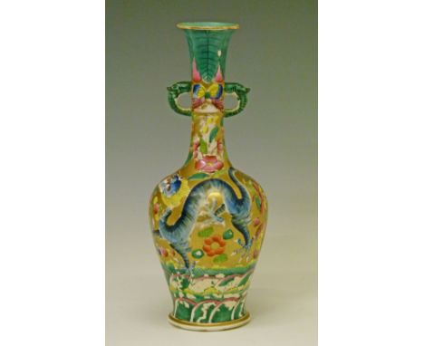 Chinese baluster shaped two handled vase having 'clobbered' polychrome decoration depicting a dragon amongst foliage, base wi